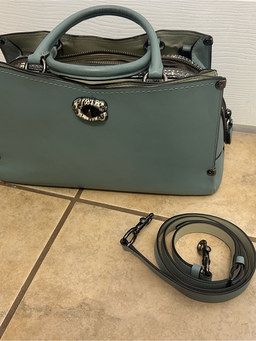 Coach Mason Carryall in Sage Blue Green with snake print detail. EUC